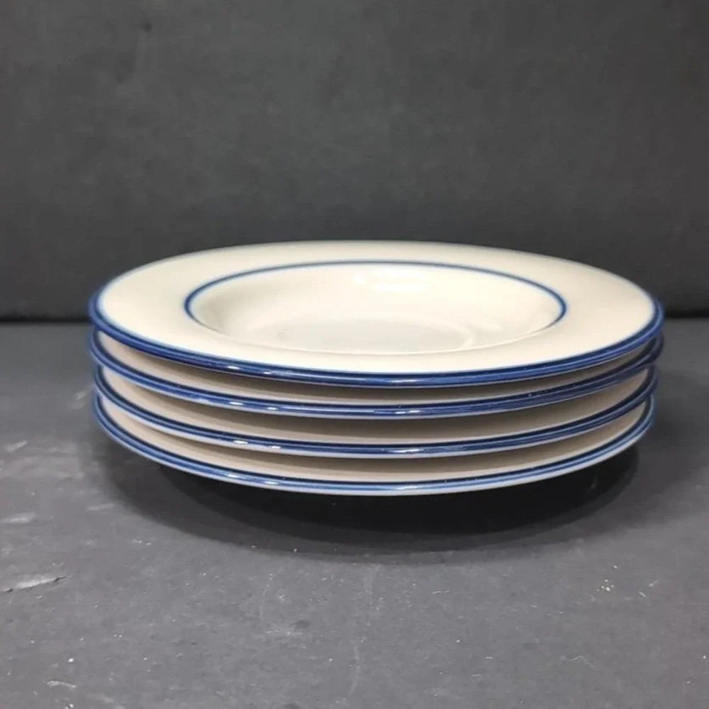 Permastone Stoneware Saucers, Set‎ of 4, Vintage White Plates With Blue Trim